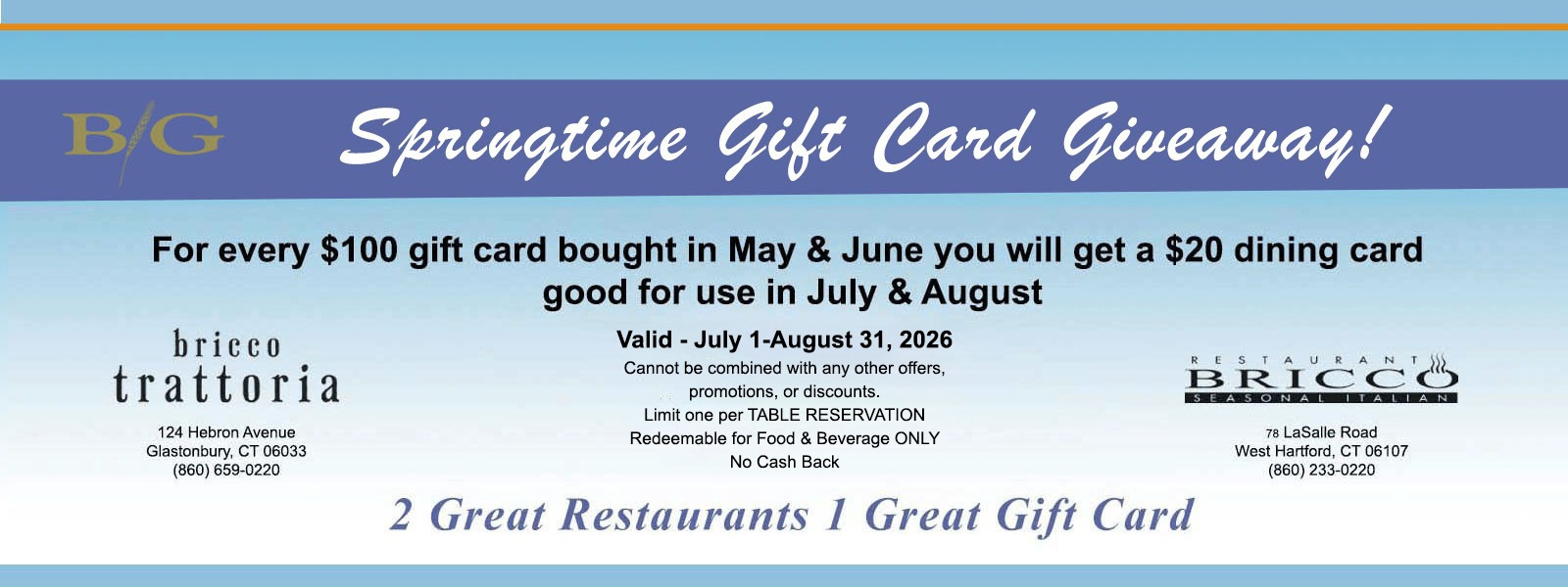 Billy Grants Restaurant Bricco & Bricco Trattoria Springtime Gift Card Giveaway Sale.