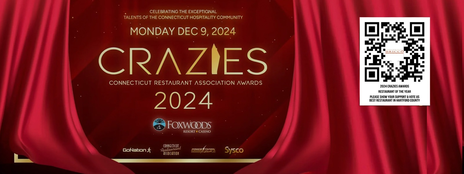 Please vote for Restaurant Bricco for best Restaurant Hartford County 2024 in the Connecticut Restaurant Crazies Awards using the QR code shown here.