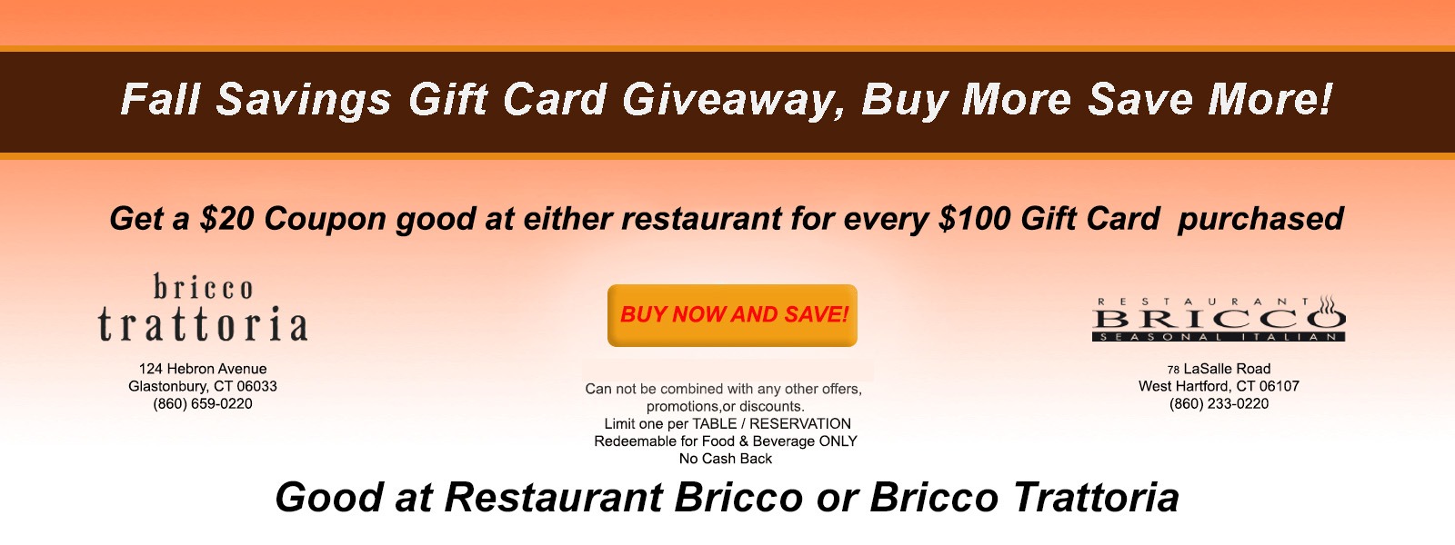 Fall Savings Gift Card Giveaway. Buy More Save More at Restaurant Bricco and Bricco Trattoria