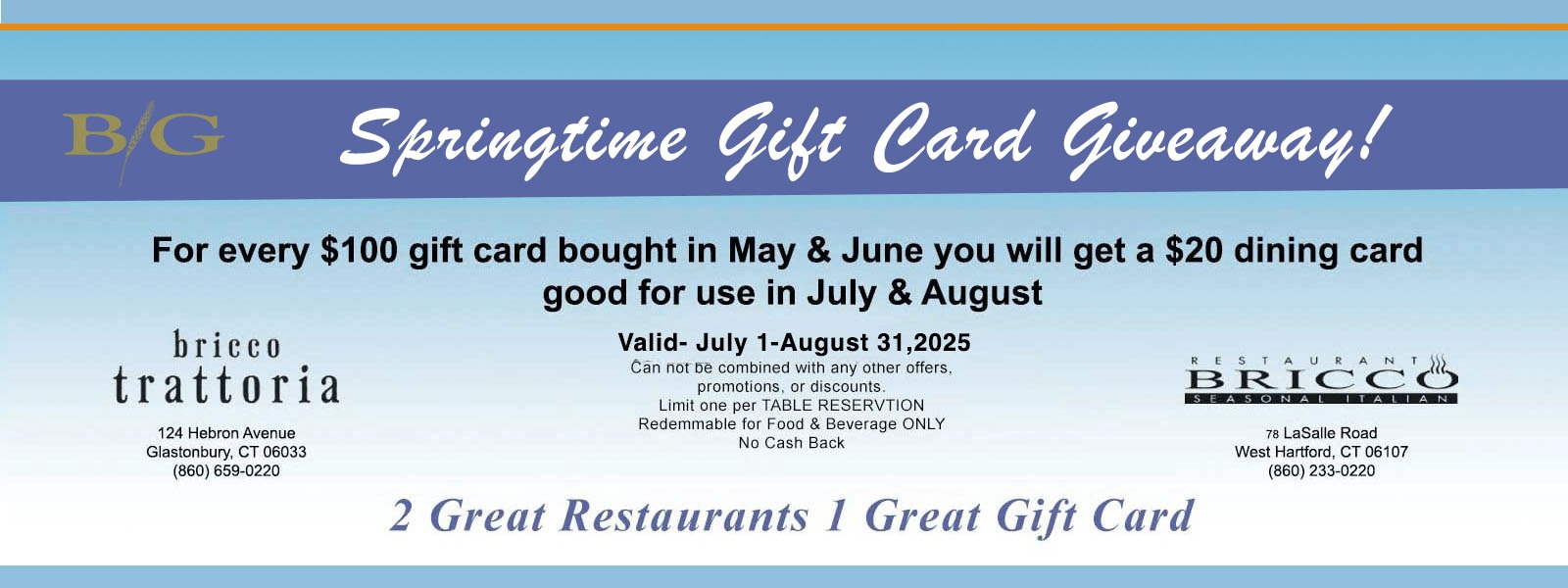 Restaurant Bricco & Bricco Trattoria annual springtime gift card giveaway sale
